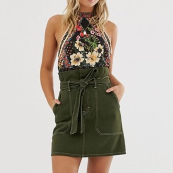 NWT Free People Arm Green Contrast Denim Tie Skirt - Picture 2 of 8